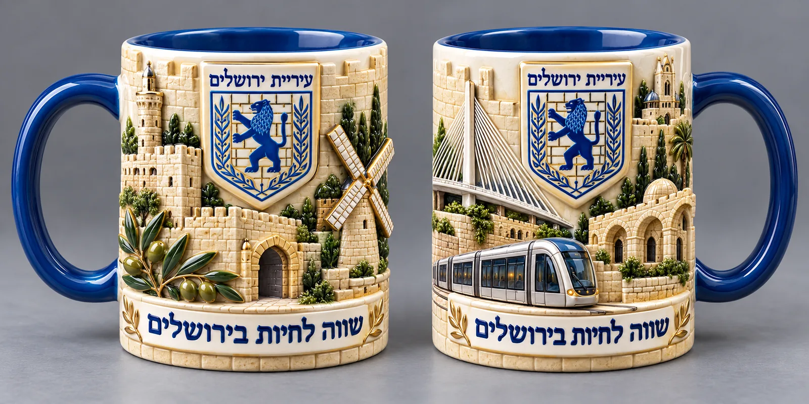 Design concept for a ceramic mug with raised Jerusalem landmarks — the city wall, a gate, olive branches and the light rail — and a blue handle