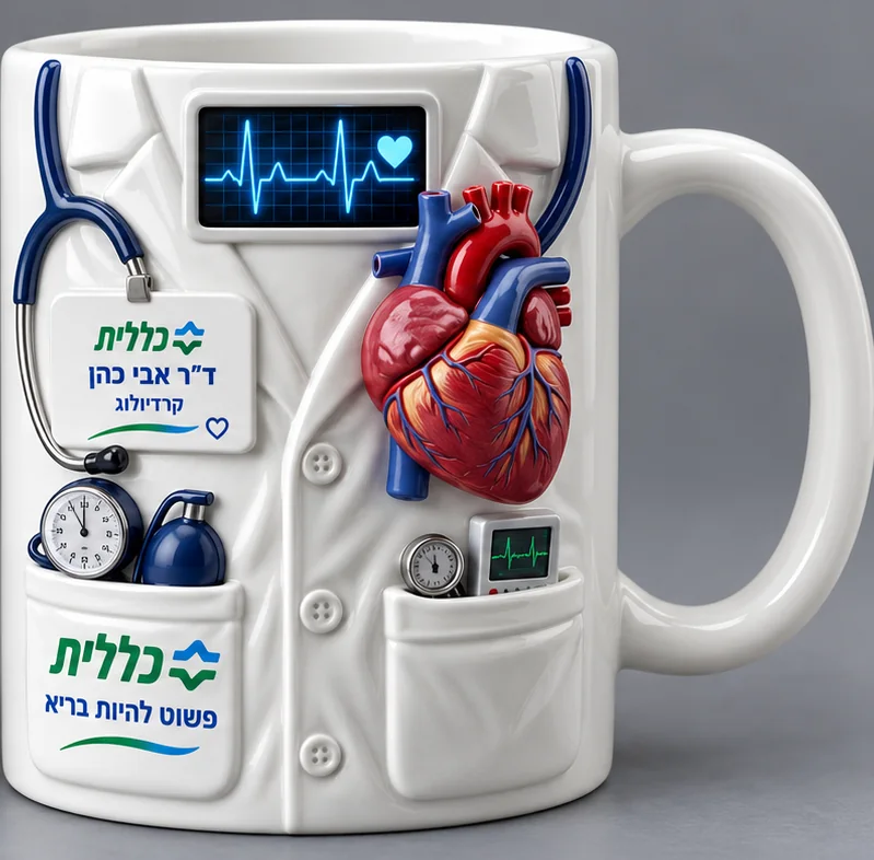 Design concept for a white ceramic mug shaped like a doctor's coat, with a raised stethoscope, pocket tools and a sculpted heart