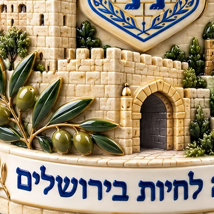 Close-up of raised stone walls, a gate and an olive branch on the mug